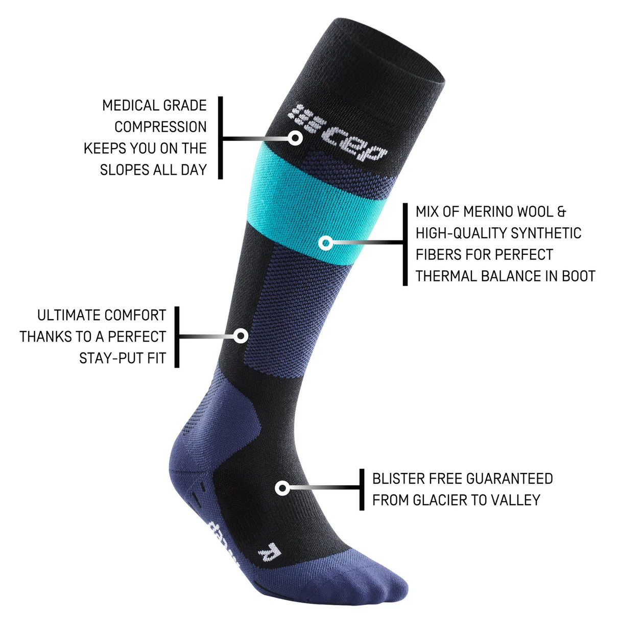 CEP Merino Ski Socks with Compression - Blue