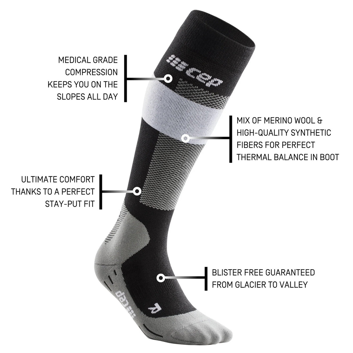 CEP Merino Ski Socks with Compression - Gray